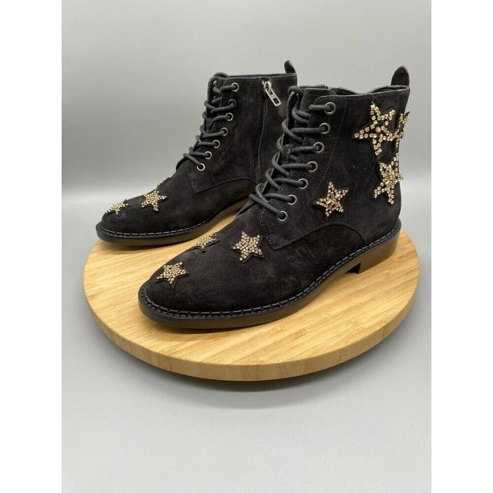 Coach Watts Star Boots Black Sued Side Zip Western Rhinestones G2313 Womens 7 B